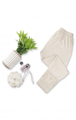 Natural Cream Embroidered Yarn Dyed Straight Pant